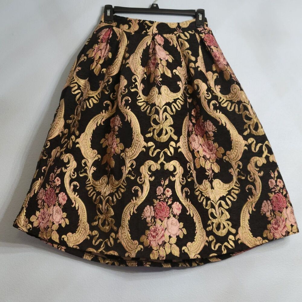 VTG Style Black Gold Pink Floral Brocade Jacquard Pleated A-Line Midi Skirt SM
